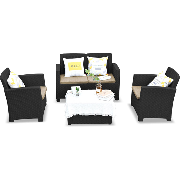 Homeology SANTANA 4 Piece PE Rattan 4-Seater with Cushions Garden Furniture and Coffee Table Set in Black