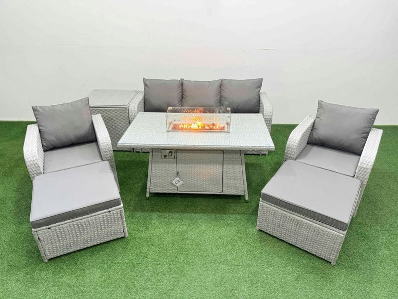 Fimous PE Rattan Garden Furniture Set Reclining Chair Sofa Lounge Sofa Set Fire Pit Dining Table Side Table 2 Big Footstool Light Grey