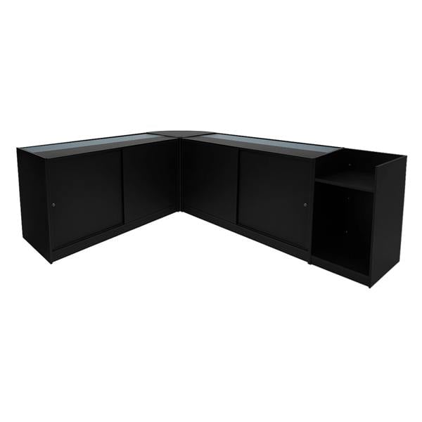 Black Europa LED Shop Counter Set featuring sleek design, glass display tops, and ample storage space for retail environments