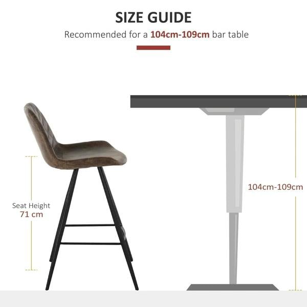 Brown quilted bar stool with steel legs, showing seat height and size guide