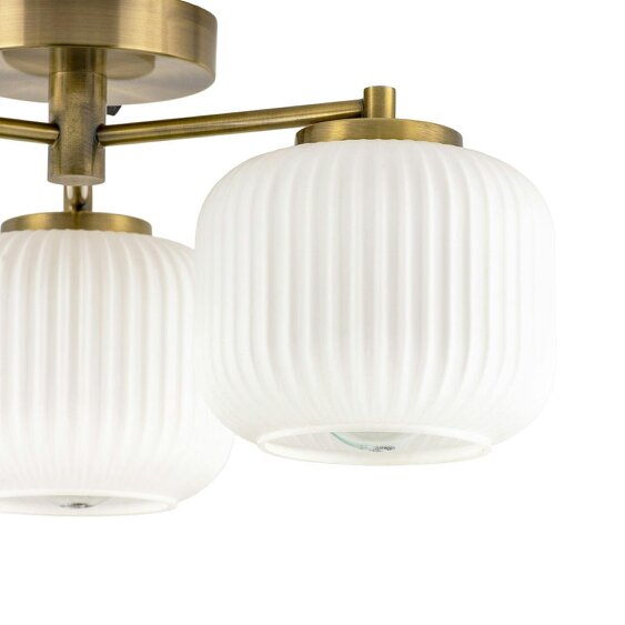 Happy Homewares Modern Antique Brass Semi Flush Ceiling Light with Ribbed Glass Shades