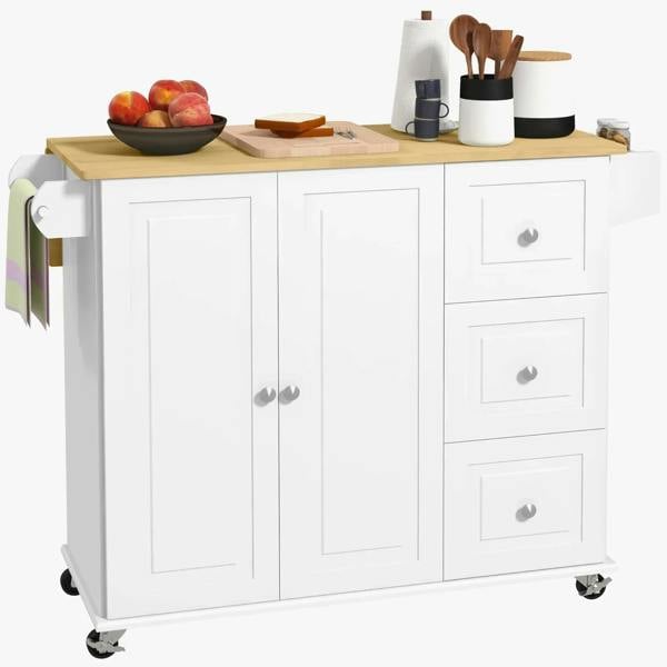 White kitchen island storage cart with light wood top, cabinet doors, and 3 drawers