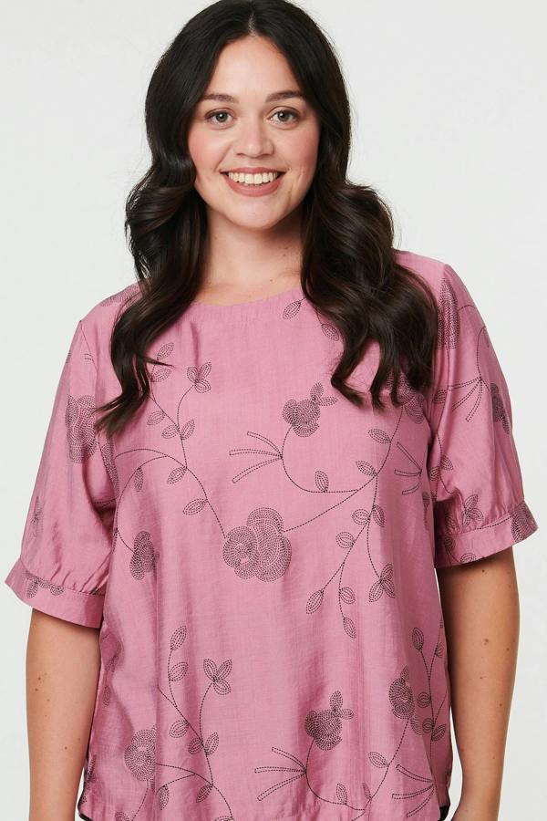 Pink | Curve Floral Short Sleeve Blouse Top
