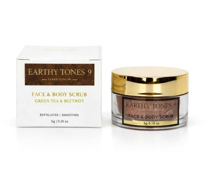 Earthy Tones 9 green tea & beetroot face & body scrub 5g jar and packaging on a white background