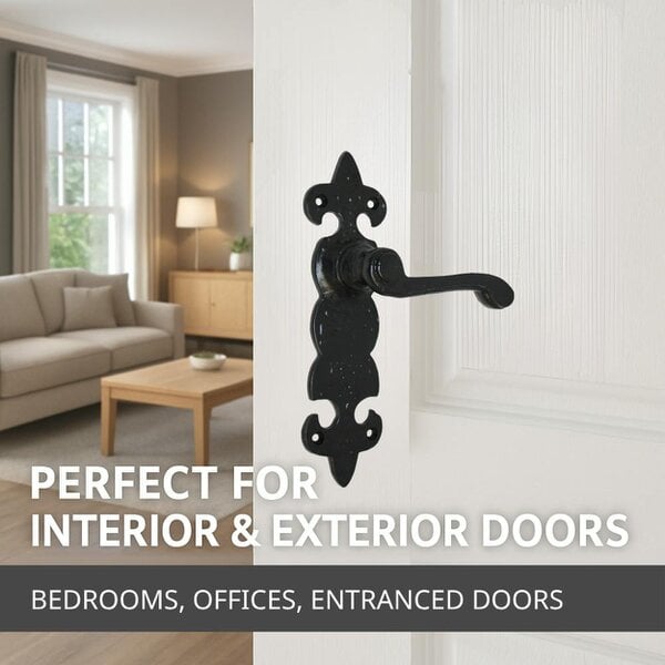 EDH Door Hardware Black Cast Iron Fleur-de-Lys Door Handles – Lever Latch, Bathroom Lock & 3 Lever Lock Sets