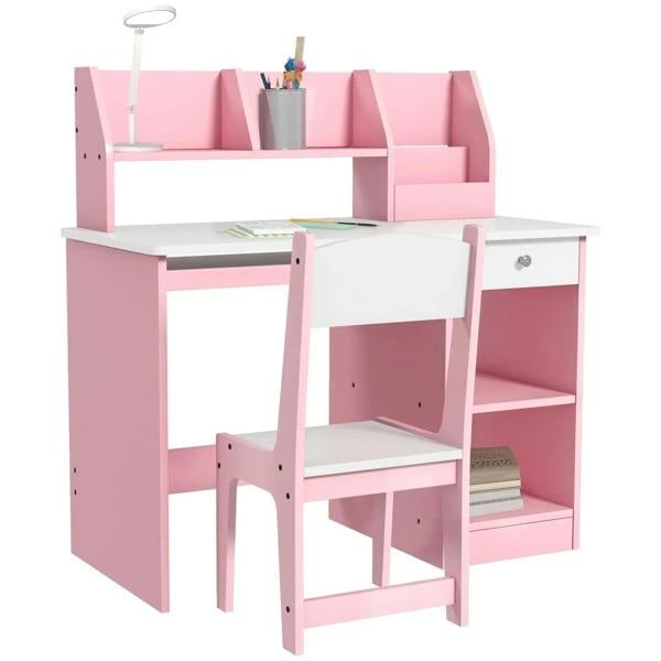 Pink kids desk and chair set with top storage ledge and side shelves
