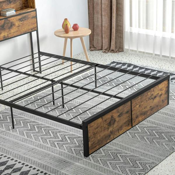 Rustic brown double bed frame showing black metal slats and two front storage drawers