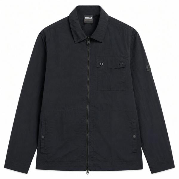 Black Barbour International Inline overshirt with a full zip, point collar, chest flap pocket and sleeve logo badge.