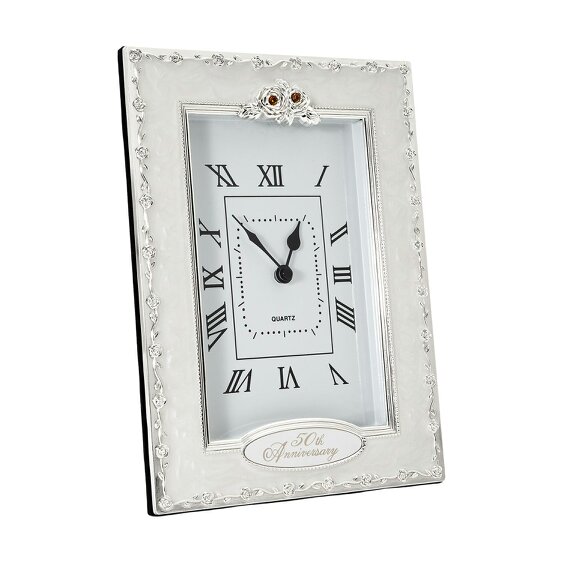 Happy Homewares 50th Anniversary Clock with Silver Plated Roses and Gold Diamantes
