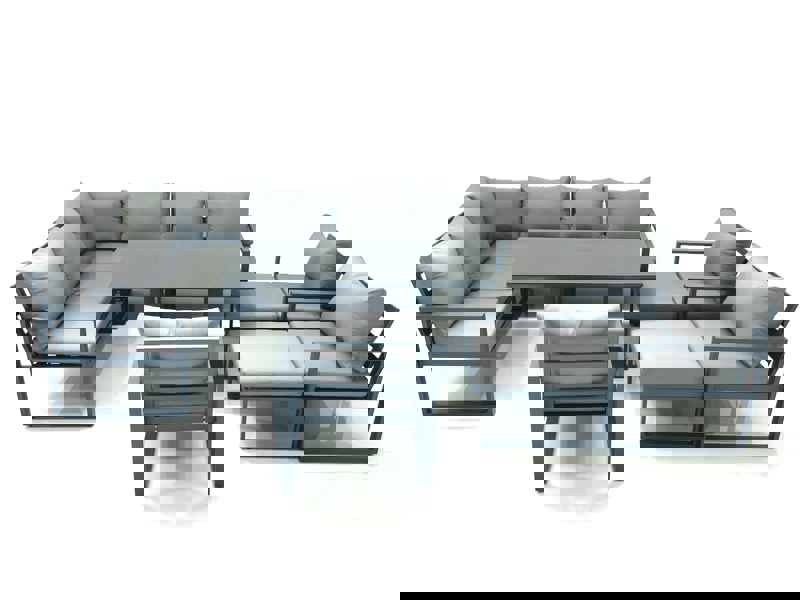 Fimous Aluminum Outdoor Garden Furniture Set Corner Sofa 3 Chair 2 Big Footstools Adjustable Rising Lifting Dining Table Sets Dark Grey