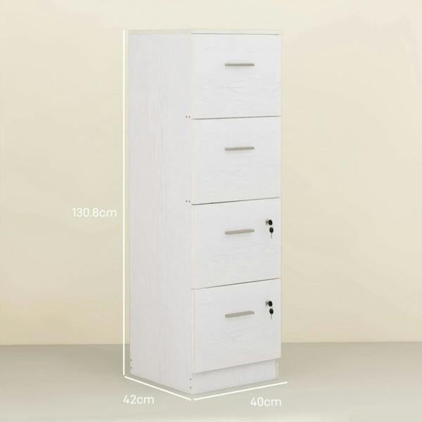 White wood-effect filing cabinet with four horizontal drawers and locks on lower drawers