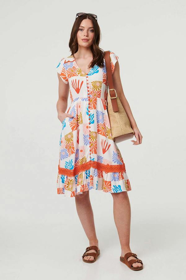 White | Abstract Cap Sleeve V-Neck Midi Dress