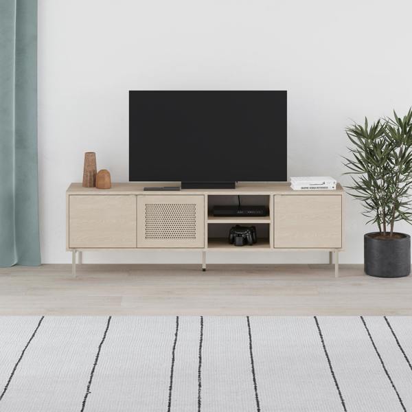 Decortie Modern 164cm TV Stand Unit Up to 55" TVs with 3 Soft-Close Doors, 2 Open Shelves Storage, Laser-Cut Pattern, Sonoma Oak