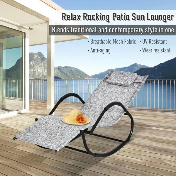 Grey zero gravity rocking patio sun lounger chair with pillow and black rocking frame
