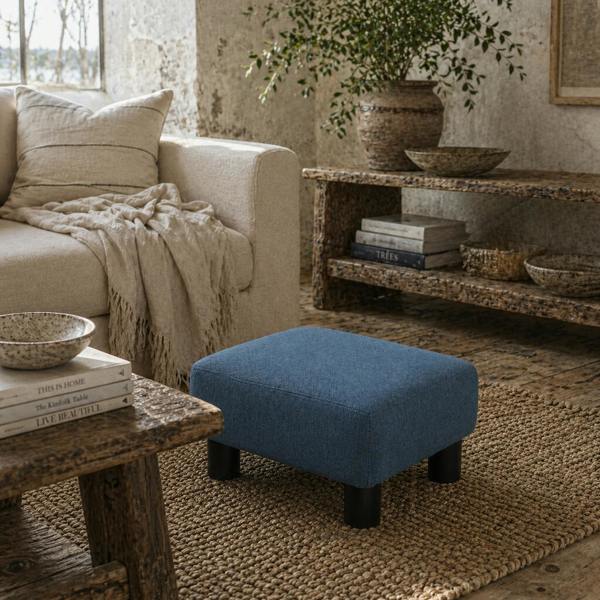 Wyld Haus Fatopa Linen Blue Cube Footstool With 4 Plastic Feet