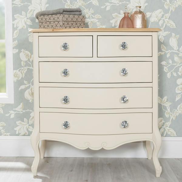 Juliette Chest of Drawers Vintage Chic 2 Over 3 Chest with Crystal Handles