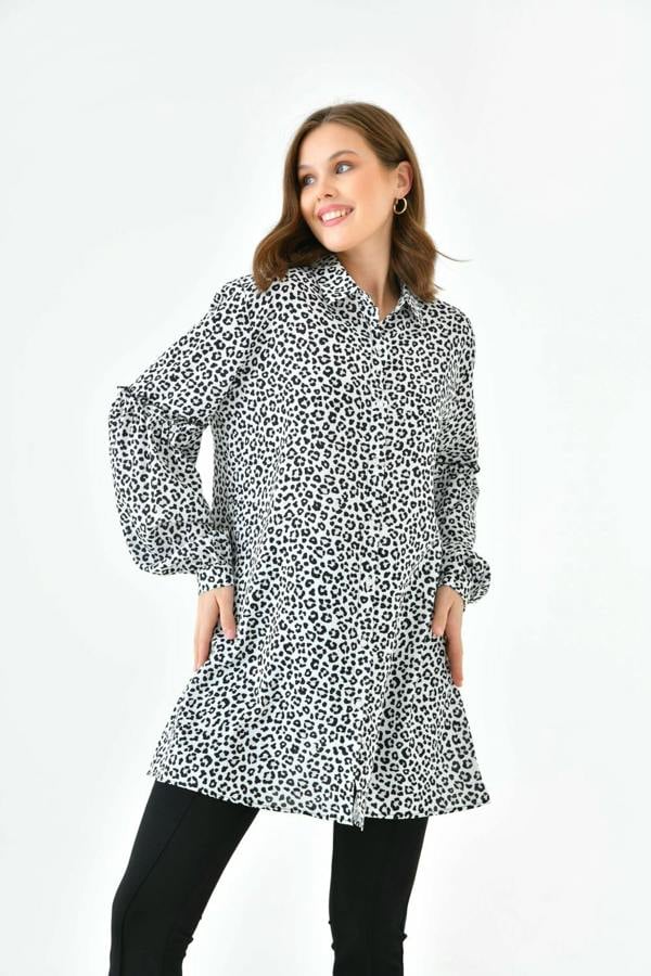 Hoxton Gal Oversized Balloon Sleeves Shirt Tunic with Leopard Print in Brown and Black