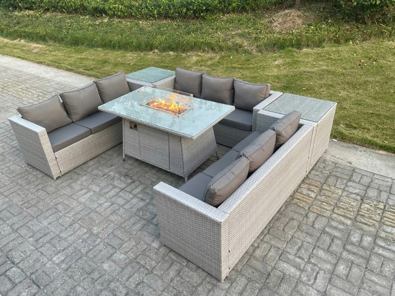 Fimous Rattan Outdoor Garden Furniture Set With Gas Firepit Table, 3 Sofas, 2 Side Tables - 9 Seater - Light Grey