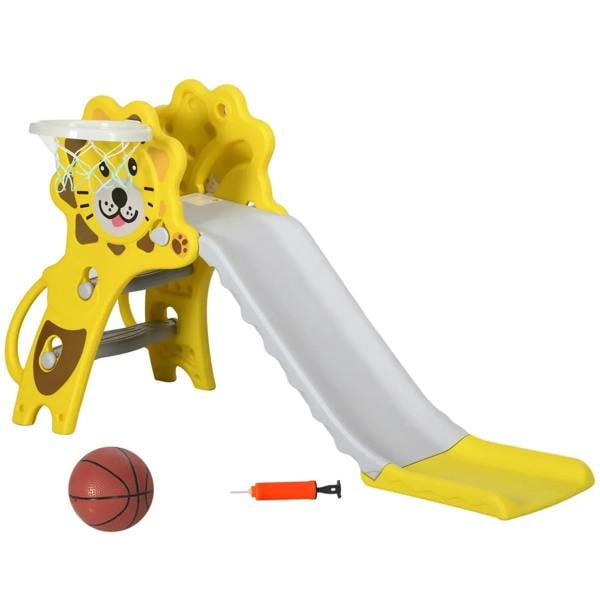 Yellow kids slide with lion climber and basketball hoop for indoor play