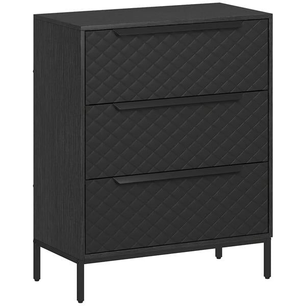 Black fabric drawer dresser with three drawers and aluminum handles, front view.