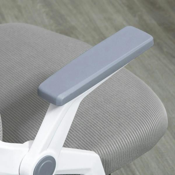 Grey mesh desk chair close-up of padded armrest and seat with white frame