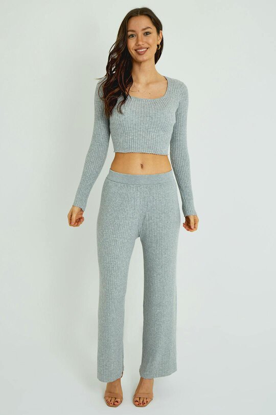 Ribbed Knit Crop Top & Wide Leg Trouser Co-Ord Set
