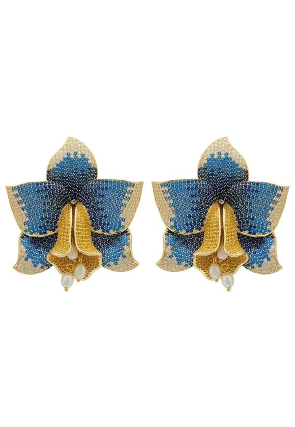 Daffodil With Pearls Earrings Gold Sapphire CZ - LATELITA Earrings