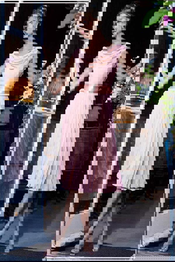 Cowl Neck Pleated A-Line Chiffon Midi Dress - Blush Pink DR4501