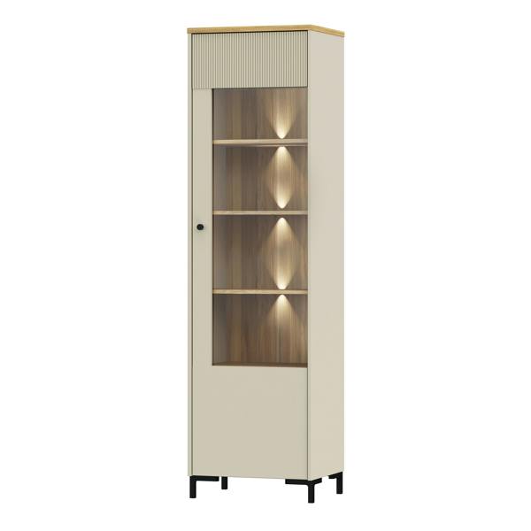 Furniture To Go Bixbite Tall Display Cabinet with Fluted Detail, Door & Open Shelving in Mauvella Oak and Sand