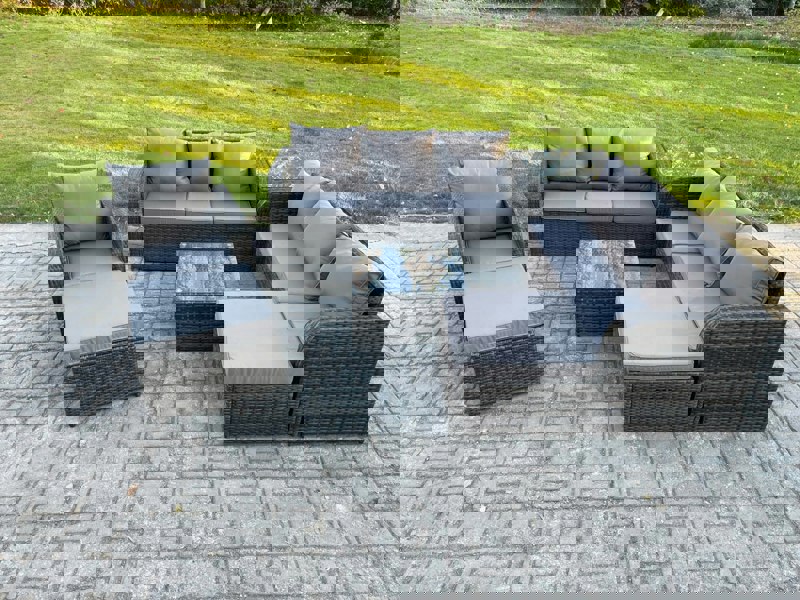 Fimous 9 Seater Dark Grey Mixed Rattan Outdoor Sofa Set - Conservatory Patio, Coffee Table, Reclining Chair, 2 Big Footstools & Side Table