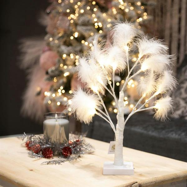 55cm White Feather Tree Table Lamp with Warm White LEDs, Battery-Operated Decorative Light image 5