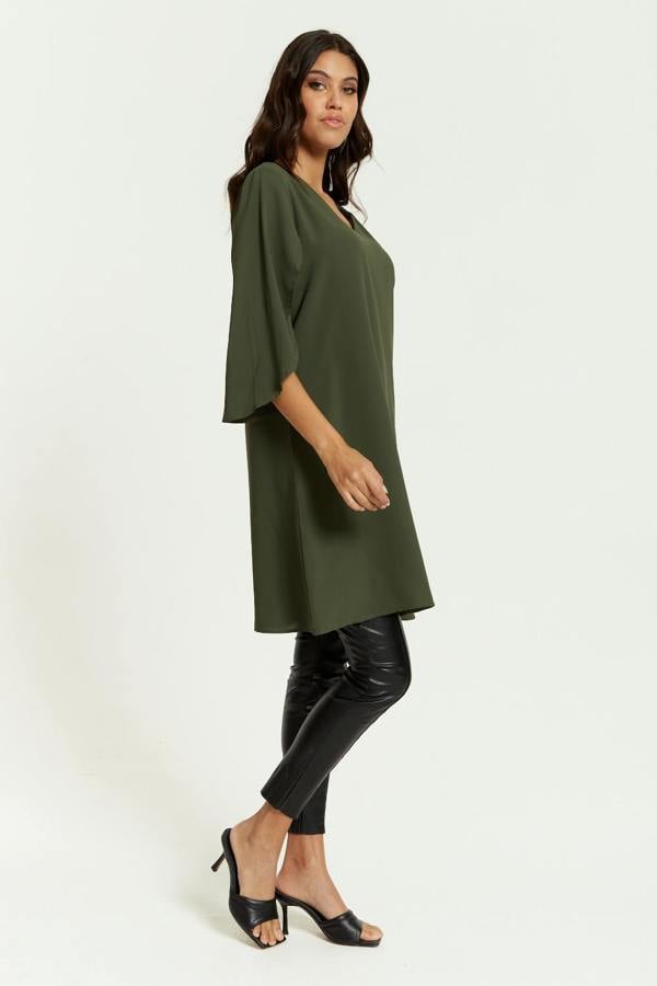 Hoxton Gal Oversized V Neck Detailed Satin Tunic with Split Sleeves in Khaki