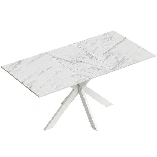 Extendable Dining Table Steel Cross Legs Steel Rails Space Saving White