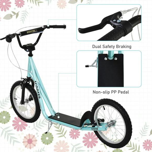 Kids blue kick scooter detail: dual safety braking and non-slip PP pedal