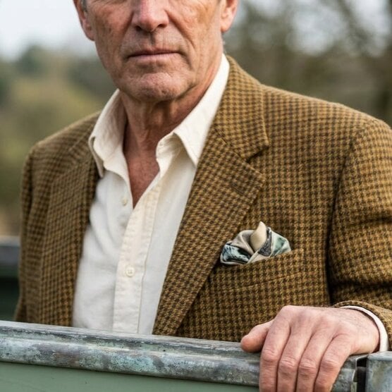 Otway & Orford 'Heritage in Motion' off-roader silk pocket square in green & brown (42 x 42cm)