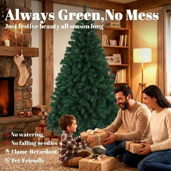 Bobobiy 6ft Artificial Christmas Tree, Fir Hinged Xmas Tree with 700 Branch Tips, Foldable Steel Stand, Green