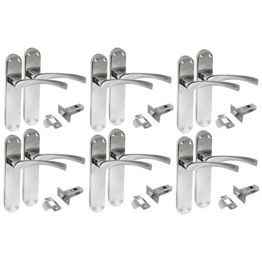 EDH Door Hardware Polished Chrome Twist Door Handle Set,Interior Latch Lever on Long Back Plate with Tubular Latch (6 Pair of Handles + Tubular Latch)