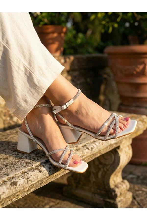 Willow Rhinestone Block Heel Sandals - White