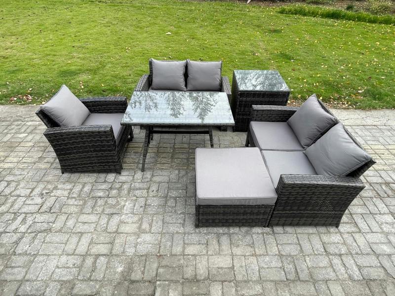 Fimous 6 Seater Wicker PE Rattan Garden Dining Set, Outdoor Sofa, Dining Table, Double Seat Sofa, Big Footstool and Side Table, Dark Grey Mixed