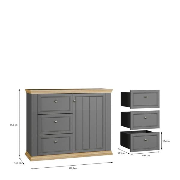 Furniture To Go Pontypool 3 Drawer & 1 Door Sideboard in Grey and Mauvella Oak