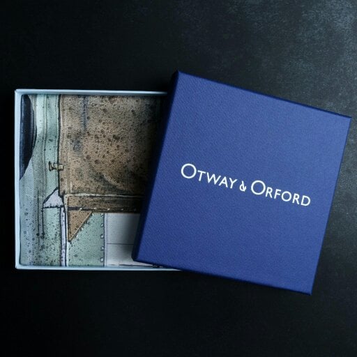 Otway & Orford 'Heritage in Motion' off-roader silk pocket square in green & brown (42 x 42cm)