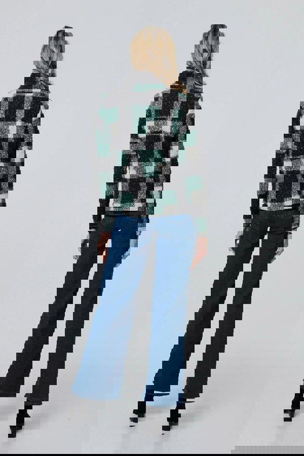 Green | Checked Zip Front Boxy Teddy Jacket
