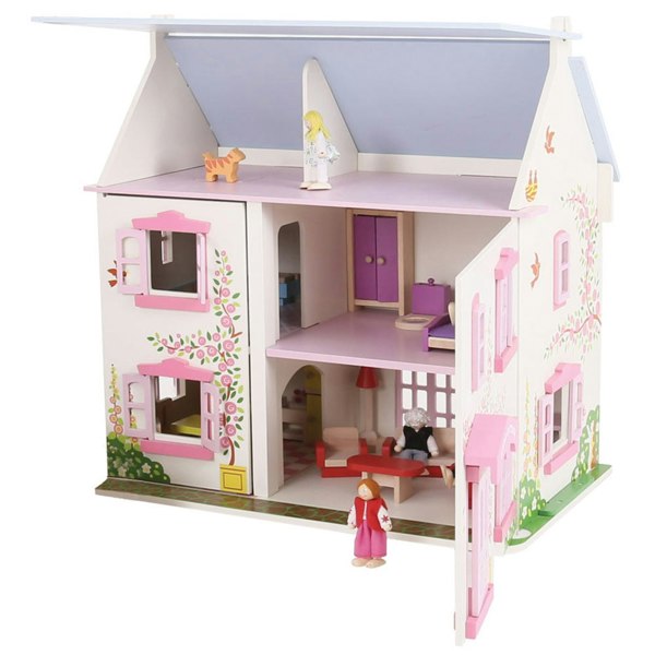 Bigjigs Toys Rose Cottage, Two-Storey Wooden Dolls House With Furniture