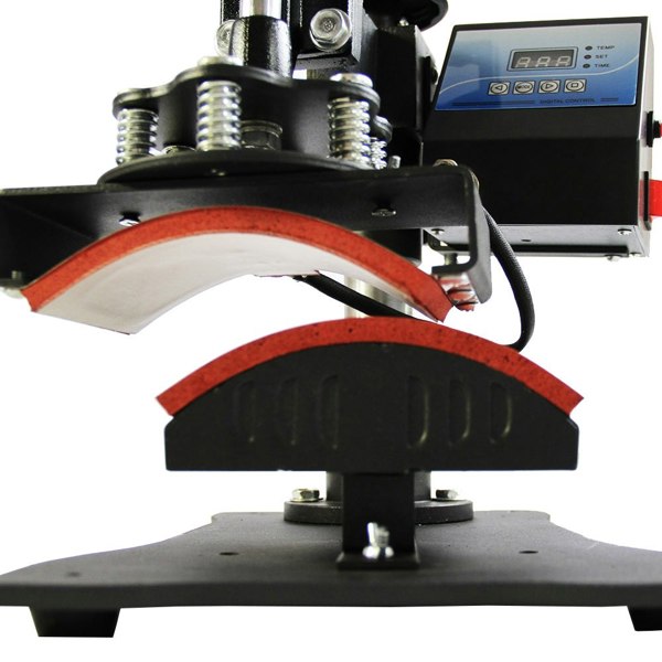 Cap press with curved heating element and adjustable pressure knobs, featuring a digital display for precise temperature control