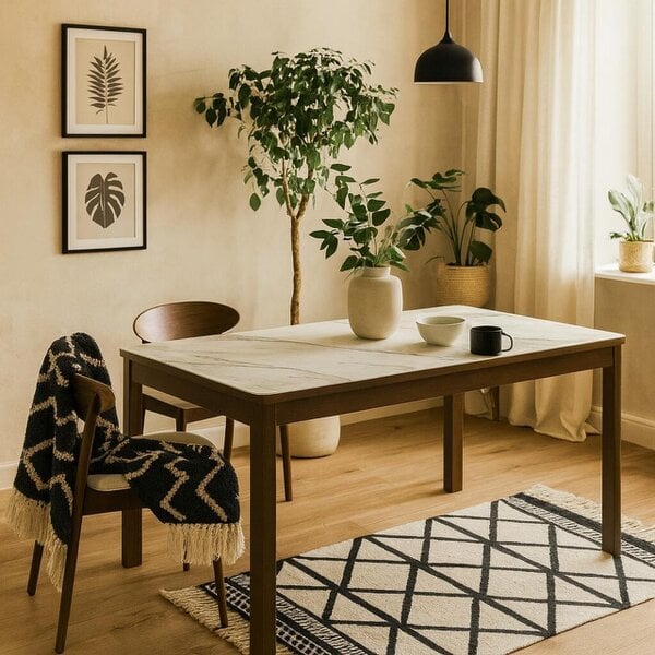 Wyld Haus Cork 180cm Rectangular Cream Ceramic Dining Table with Oak Veneer Base