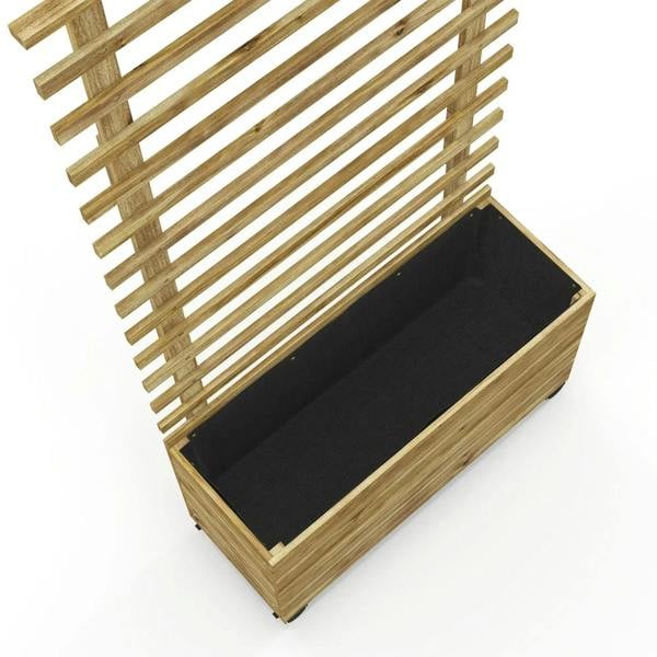 Natural wood raised planter box with black liner and open interior