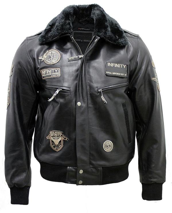 Infinity Leather Mens Cow Hide Detachable Collar Leather Flight Bomber Jacket