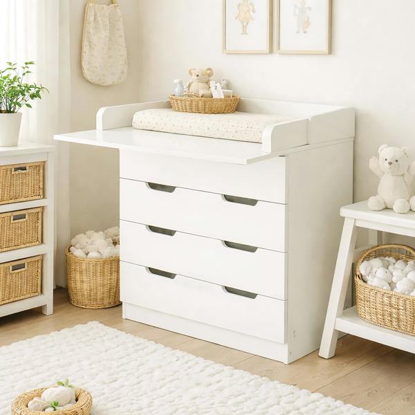 Kudlhome 1580WCO Baby 4 Drawer With Changing Board/Storage, White