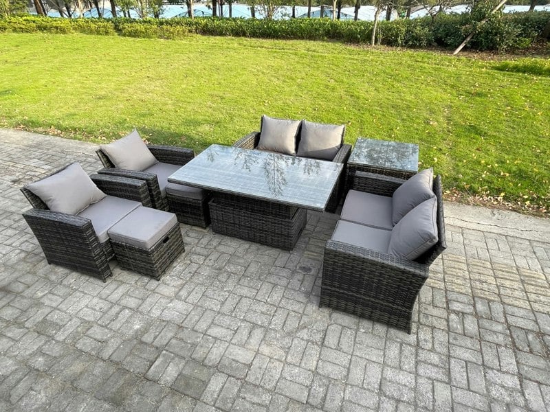 Fimous 8 Seater Dark Grey Mixed Rattan Outdoor Sofa Set - Rising Lifting Table, Double Seat Sofa & 2 Small Footstools
