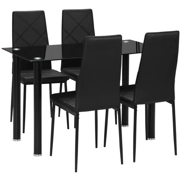 Black glass-top dining table set with four quilted chairs and steel legs
